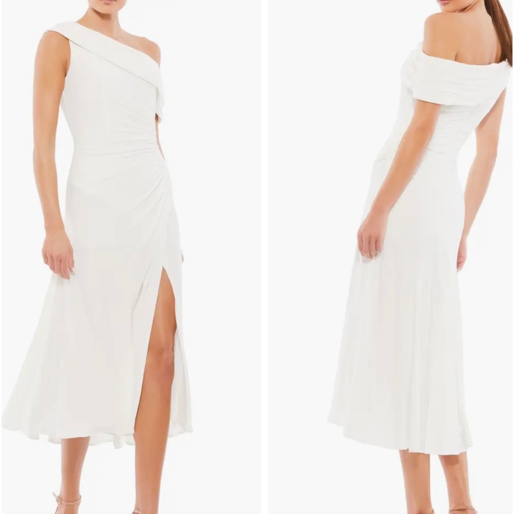Mac Duggal Foldover Ruched One-Shoulder Chiffon Midi Dress